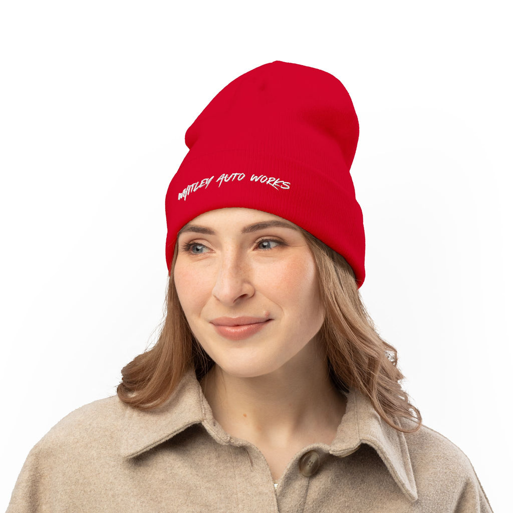WAW LOGO Embroidered Knit Beanie — 'Whatever Auto Works' Script Winter Hat