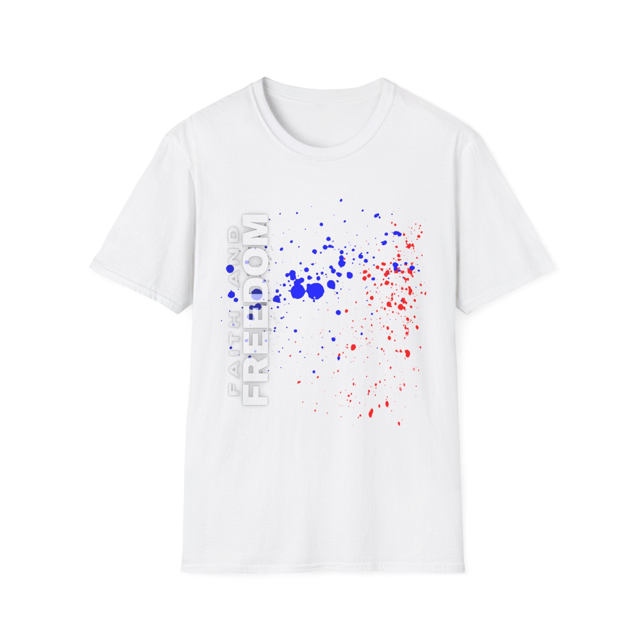 Faith and Freedom Splash T-Shirt — Patriotic Red & Blue Paint Splatter Tee