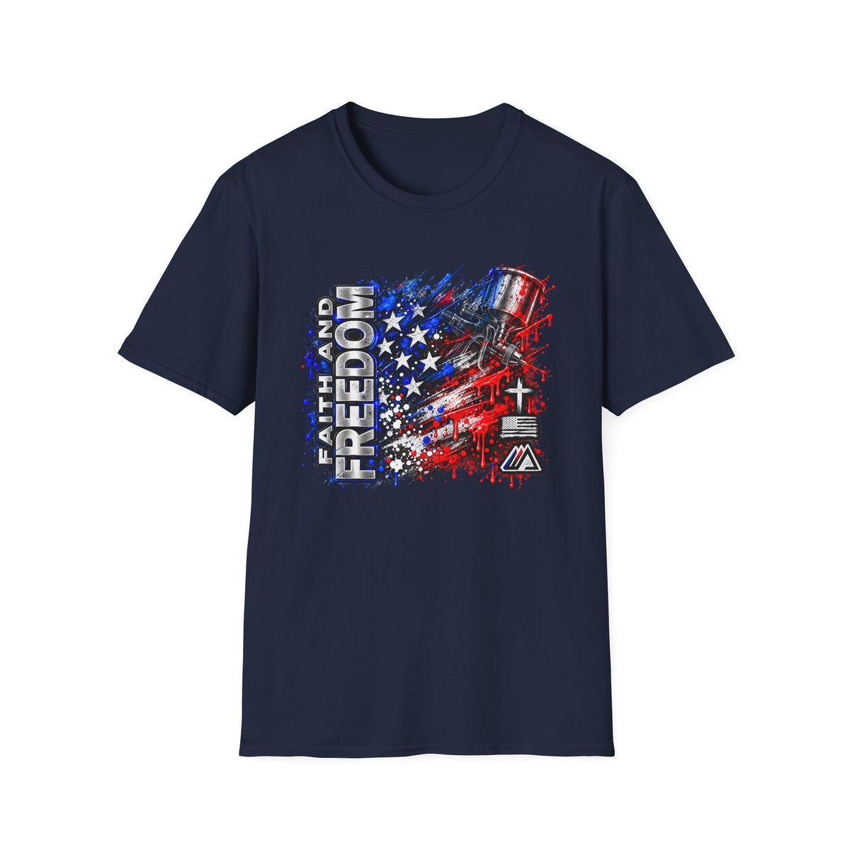 Faith and Freedom Splash T-Shirt — Patriotic Red & Blue Paint Splatter Tee