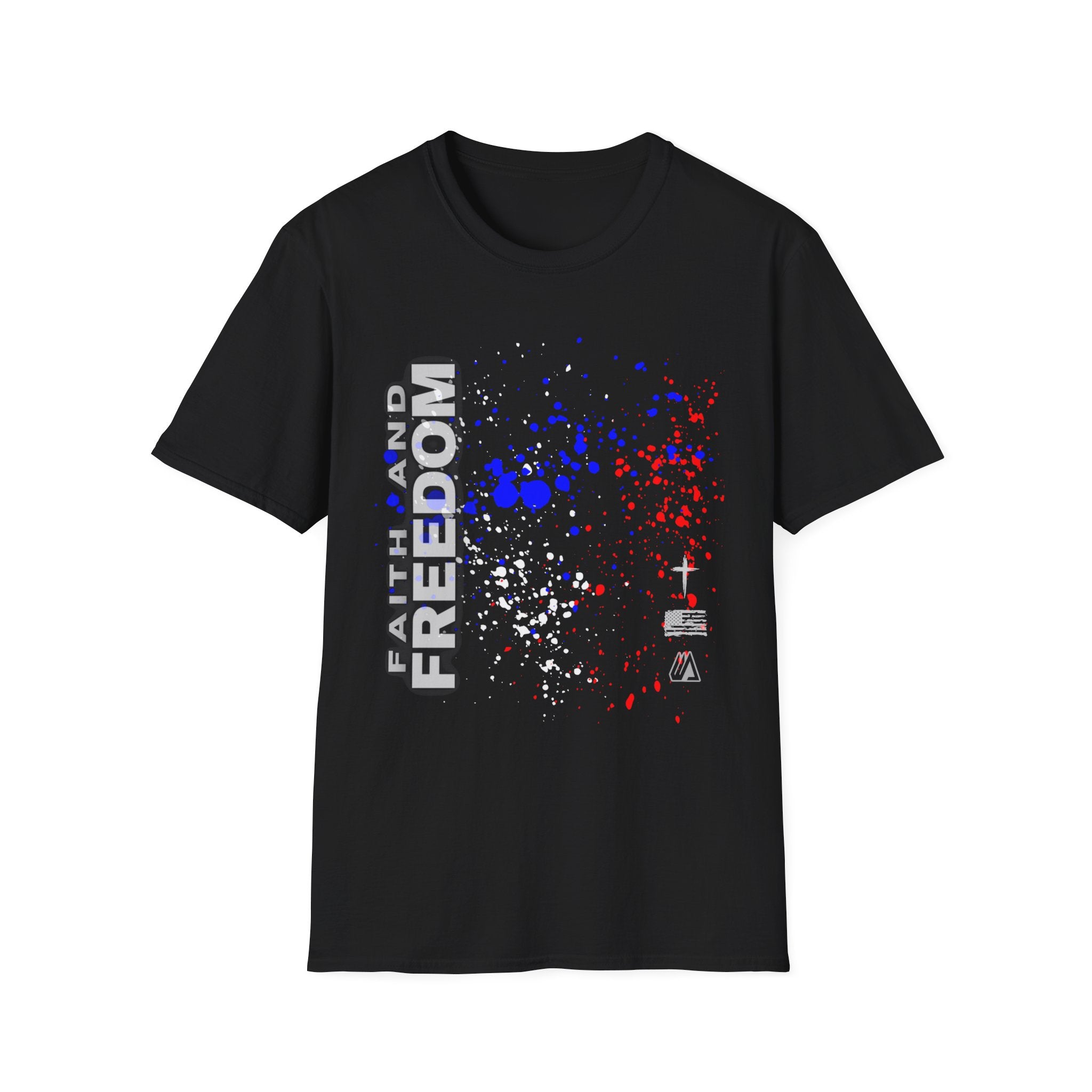 Faith and Freedom Splash T-Shirt — Patriotic Red & Blue Paint Splatter Tee