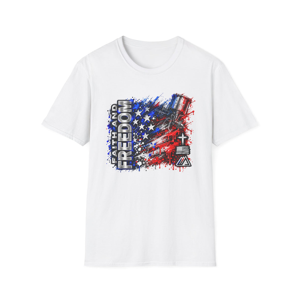 Faith and Freedom Splash T-Shirt — Patriotic Red & Blue Paint Splatter Tee