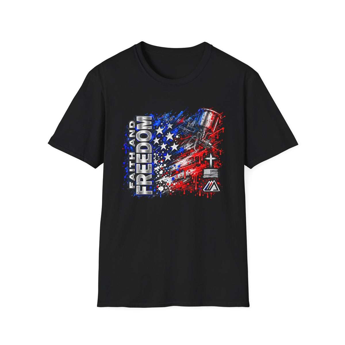 Faith and Freedom Splash T-Shirt — Patriotic Red & Blue Paint Splatter Tee