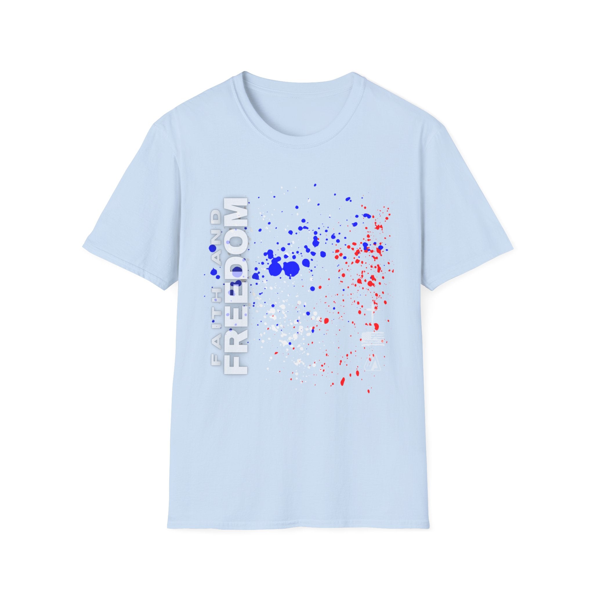 Faith and Freedom Splash T-Shirt — Patriotic Red & Blue Paint Splatter Tee