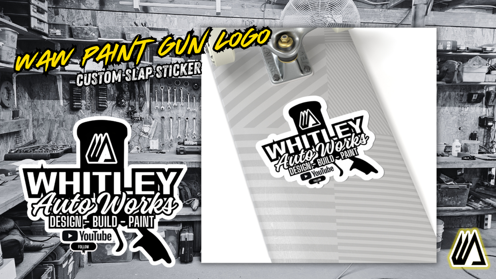 Whitley Auto Works PAINT GUN LOGO Sticker — Design • Build • Paint YouTube Logo