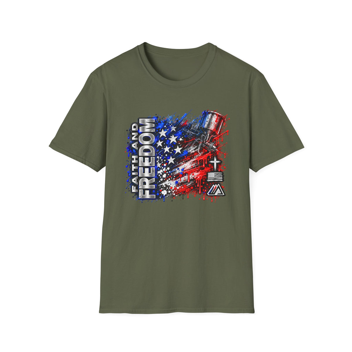 Faith and Freedom Splash T-Shirt — Patriotic Red & Blue Paint Splatter Tee