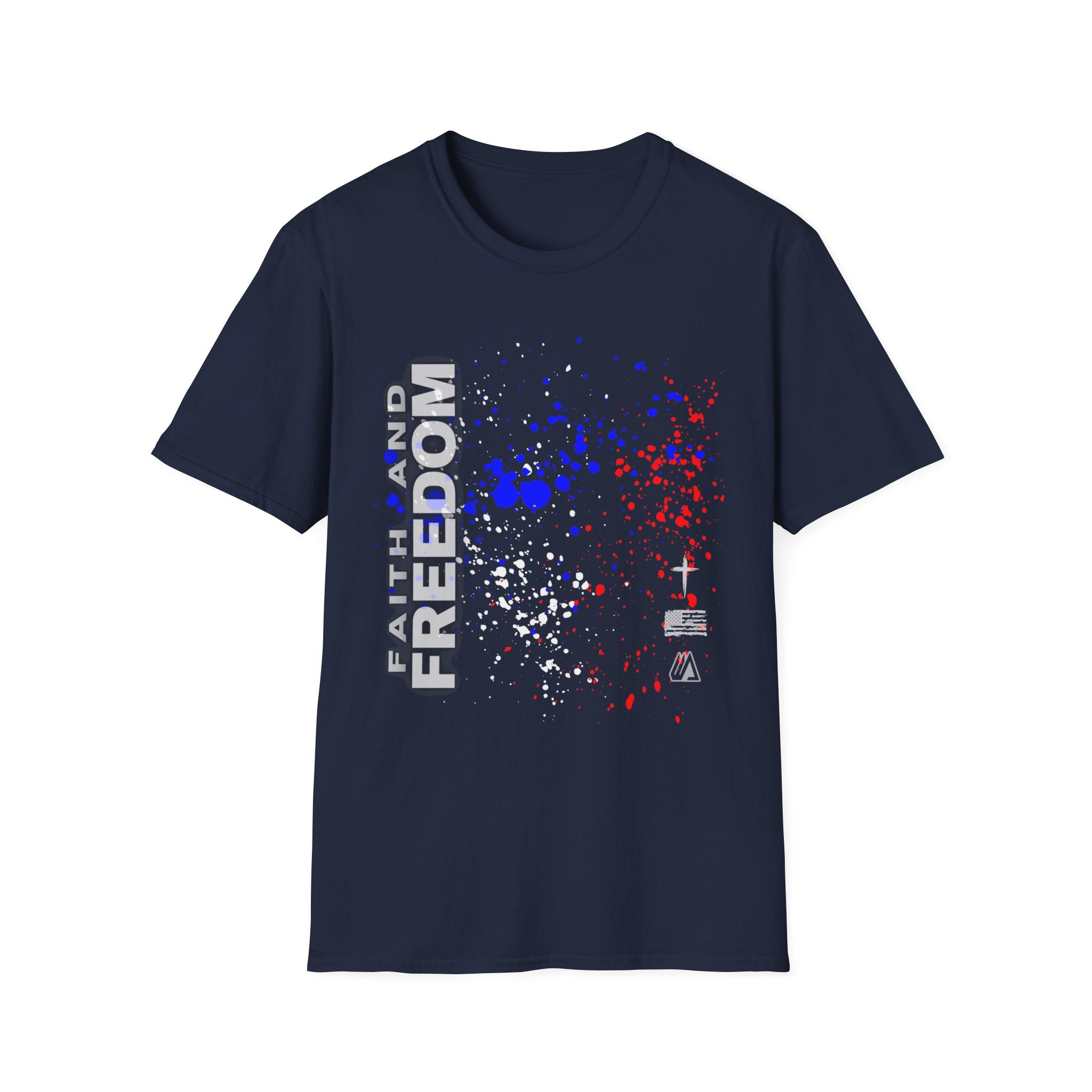 Faith and Freedom Splash T-Shirt — Patriotic Red & Blue Paint Splatter Tee
