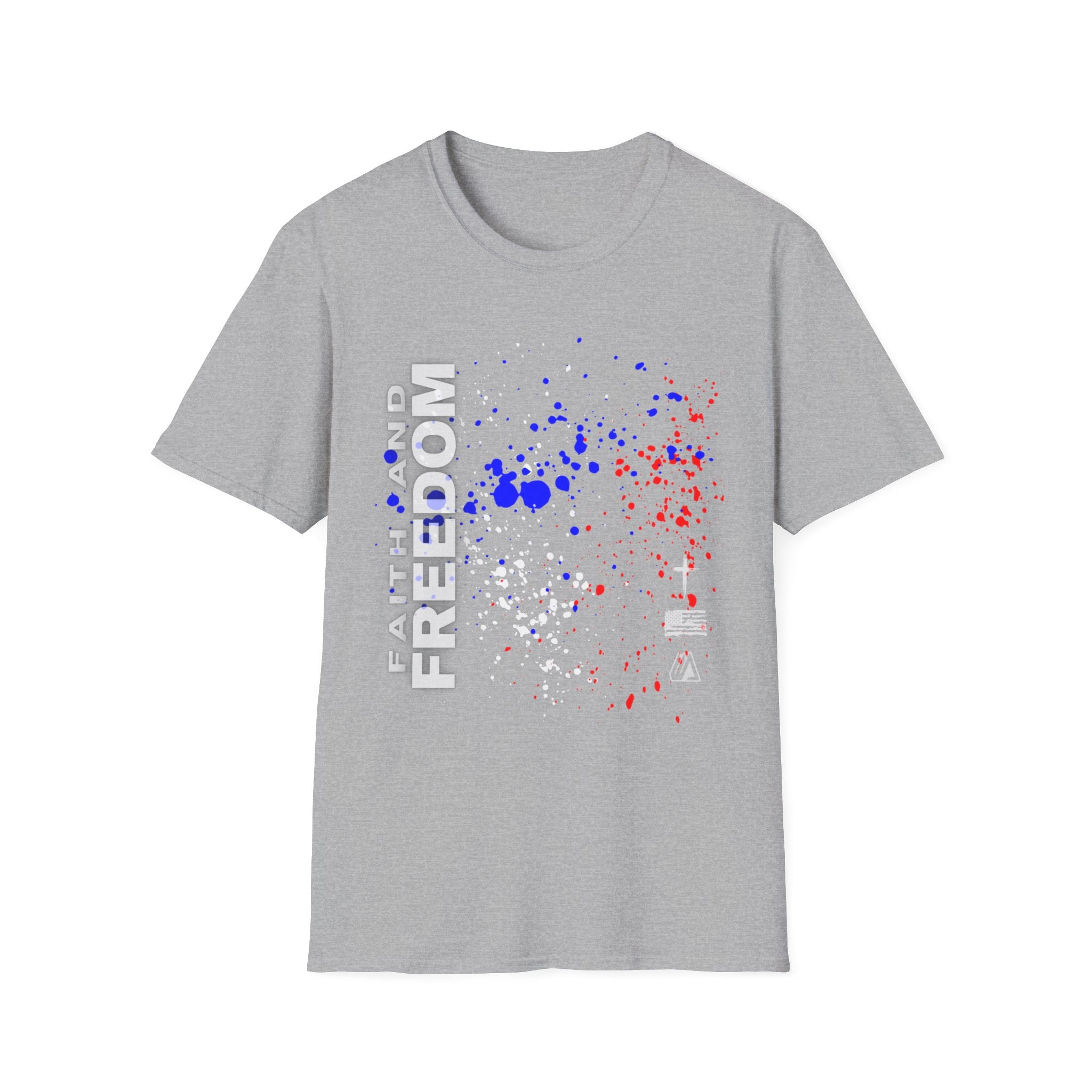 Faith and Freedom Splash T-Shirt — Patriotic Red & Blue Paint Splatter Tee