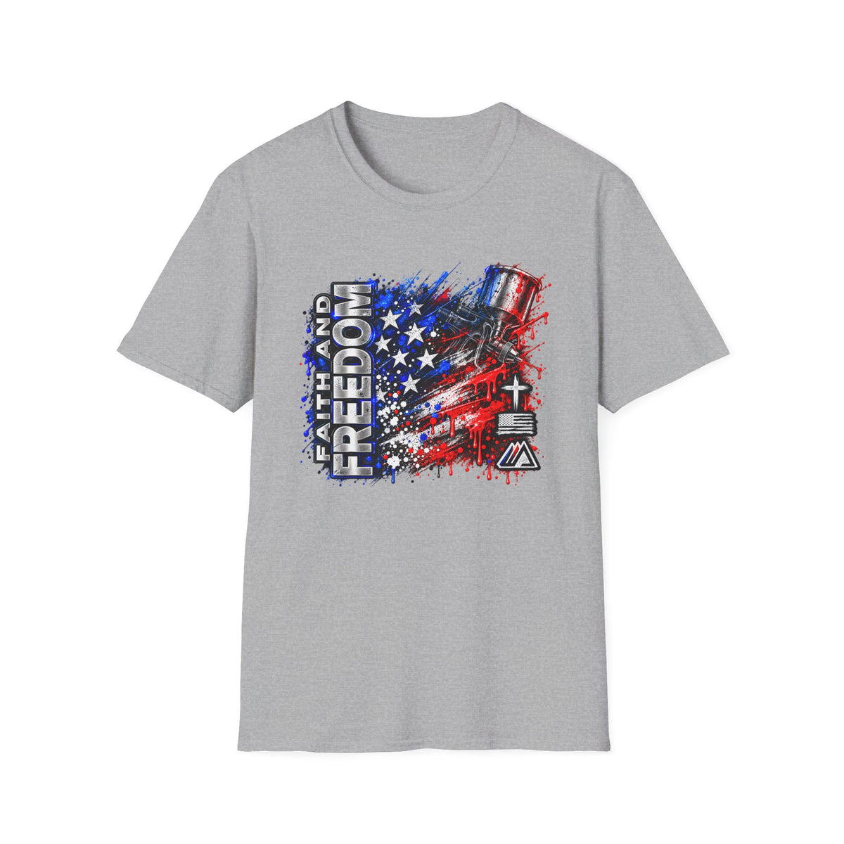 Faith and Freedom Splash T-Shirt — Patriotic Red & Blue Paint Splatter Tee
