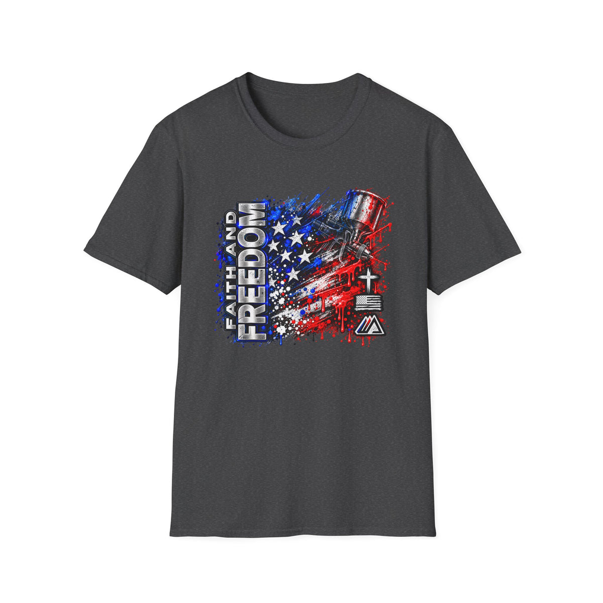 Faith and Freedom Splash T-Shirt — Patriotic Red & Blue Paint Splatter Tee