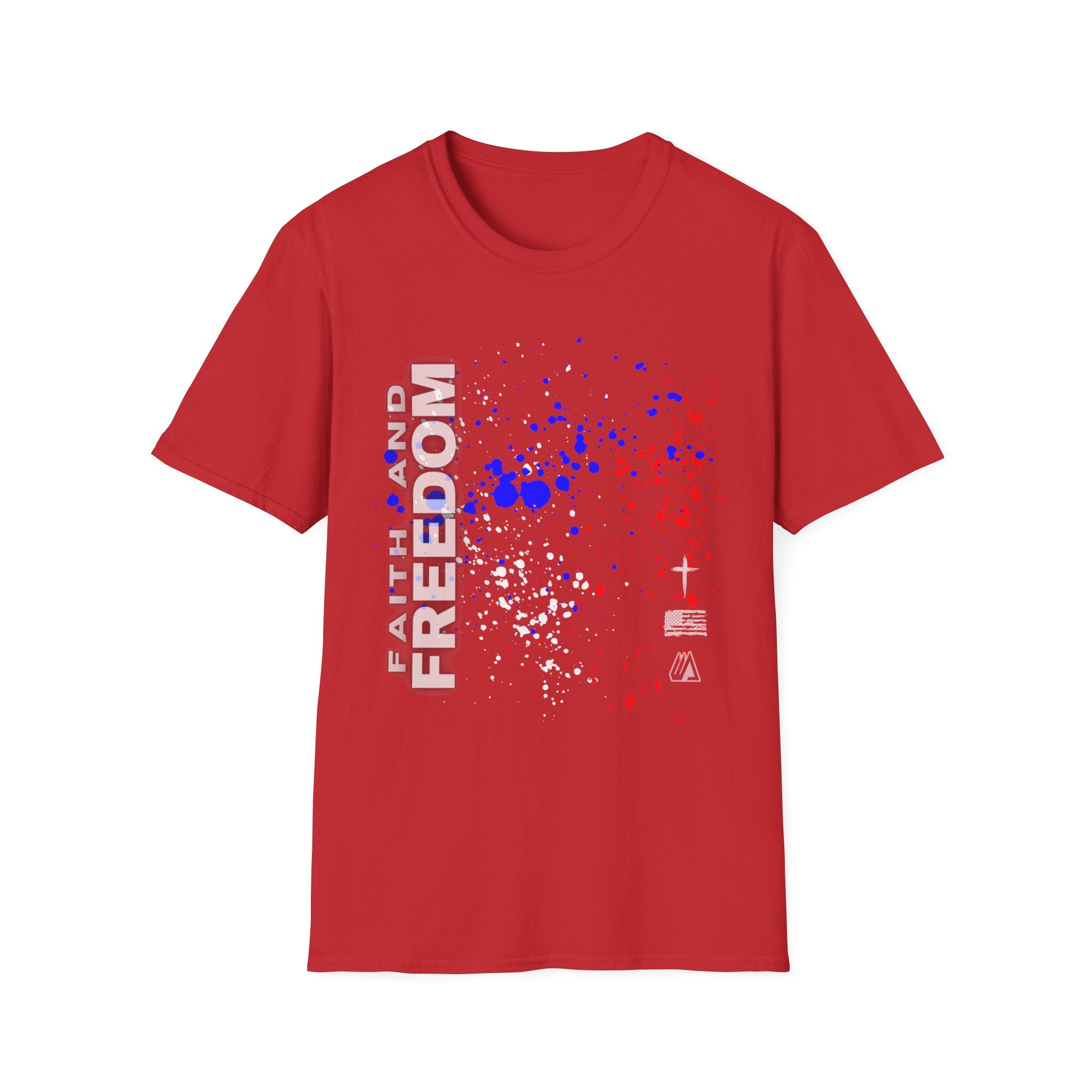 Faith and Freedom Splash T-Shirt — Patriotic Red & Blue Paint Splatter Tee