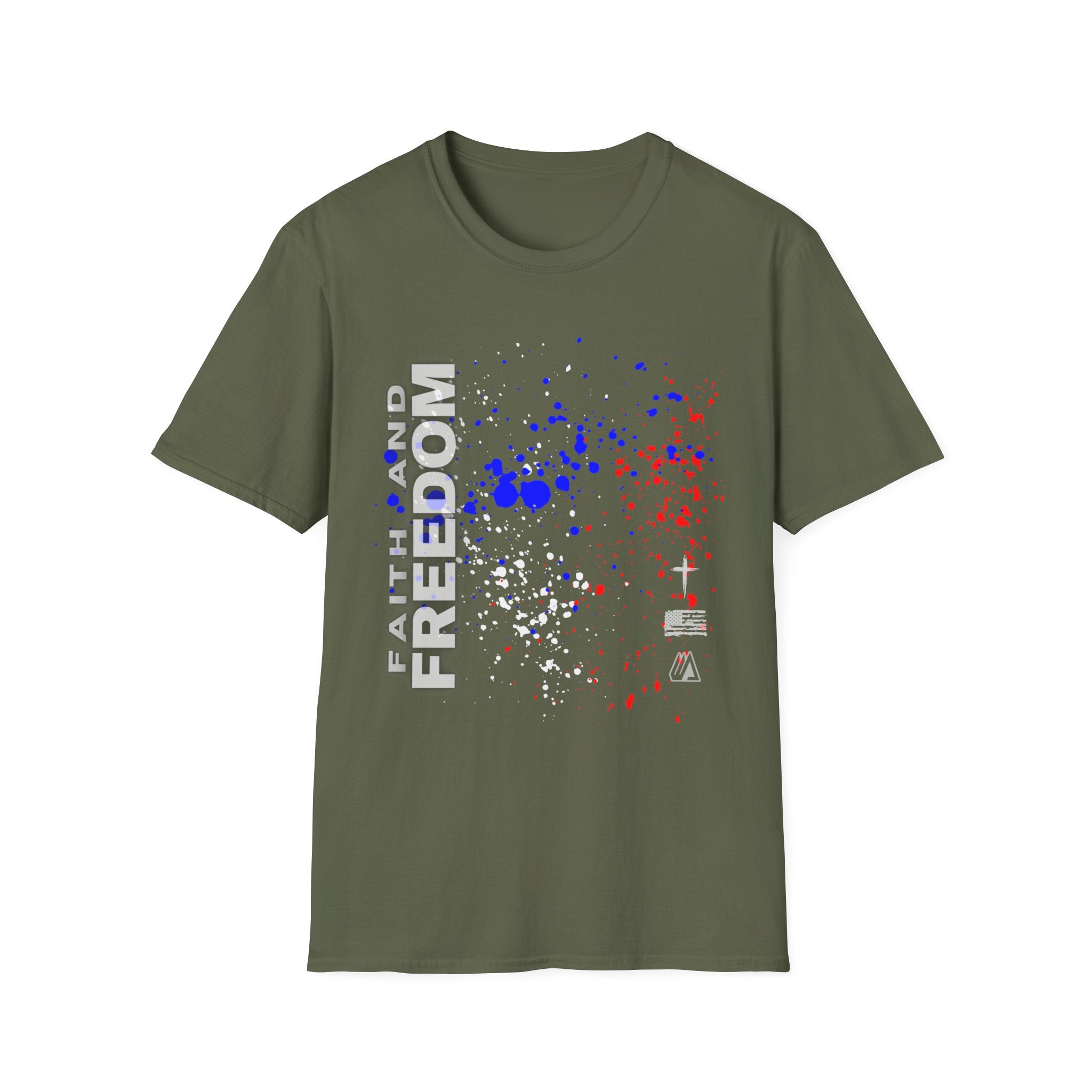 Faith and Freedom Splash T-Shirt — Patriotic Red & Blue Paint Splatter Tee