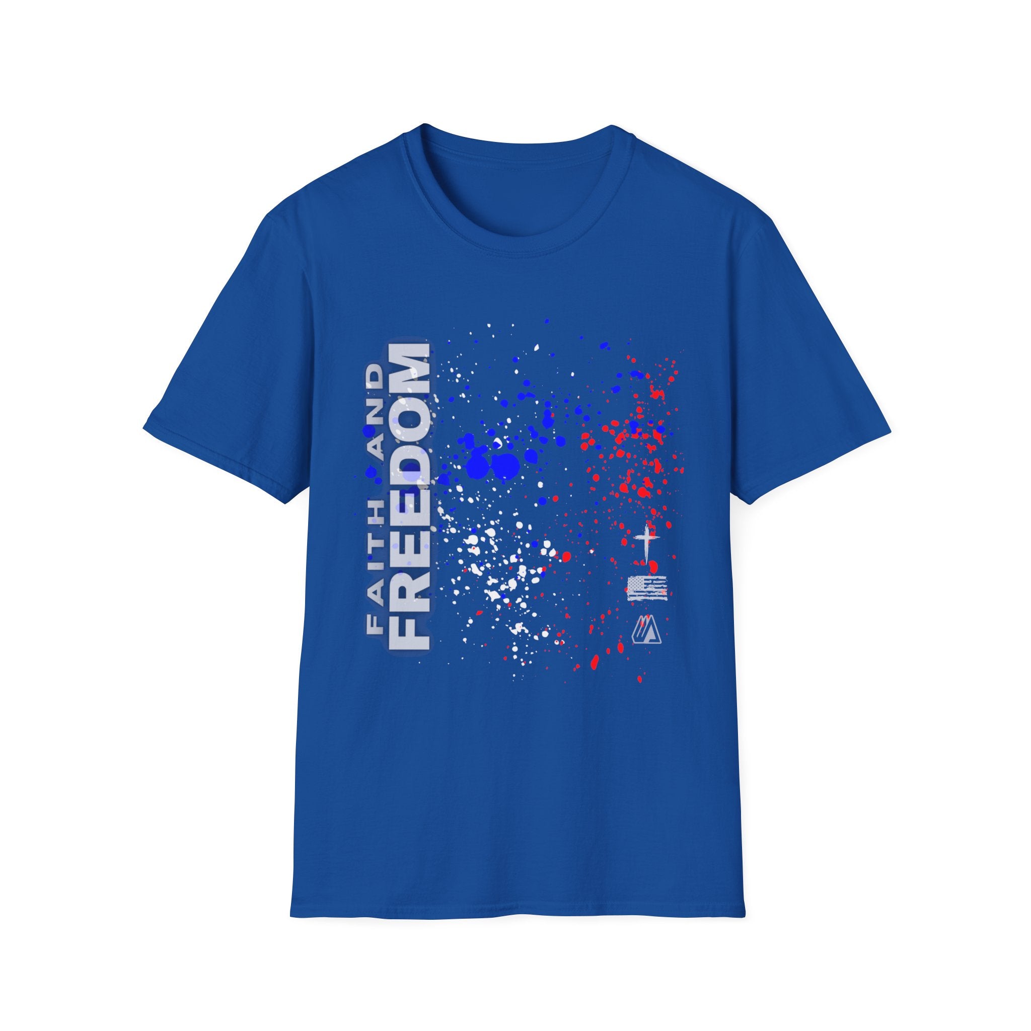 Faith and Freedom Splash T-Shirt — Patriotic Red & Blue Paint Splatter Tee