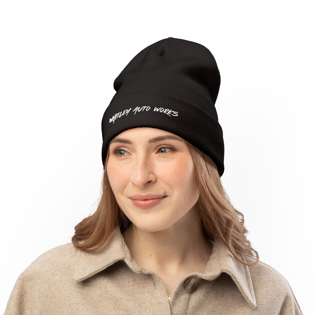WAW LOGO Embroidered Knit Beanie — 'Whatever Auto Works' Script Winter Hat