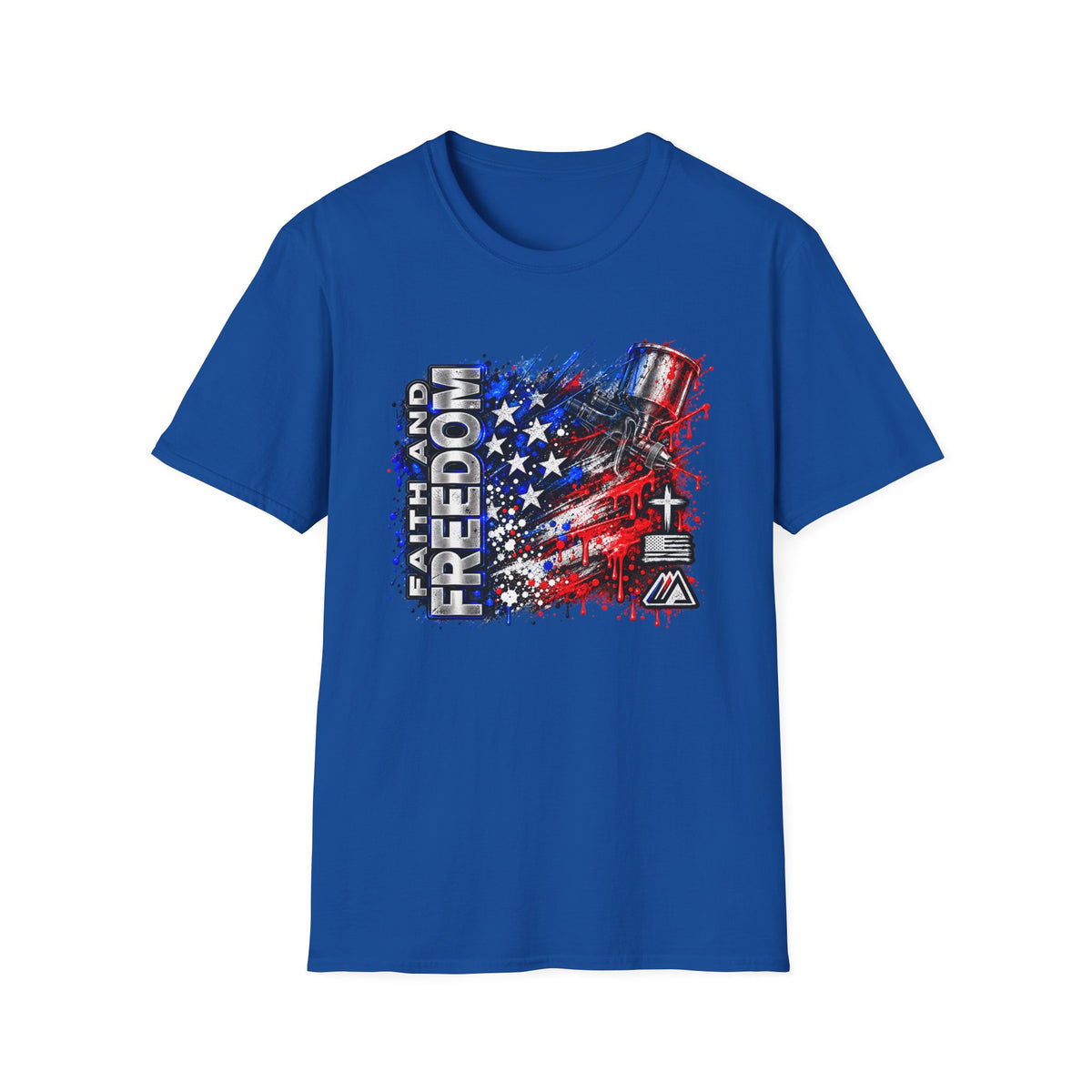 Faith and Freedom Splash T-Shirt — Patriotic Red & Blue Paint Splatter Tee