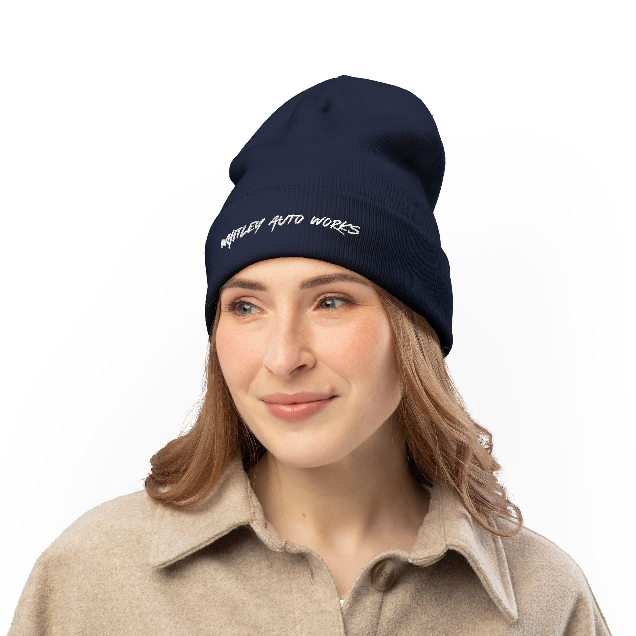 WAW LOGO Embroidered Knit Beanie — 'Whatever Auto Works' Script Winter Hat