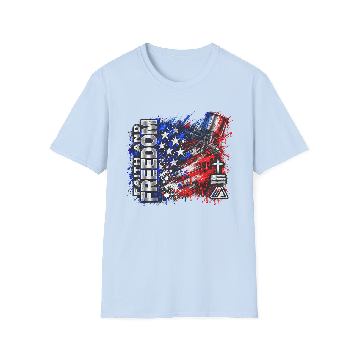 Faith and Freedom Splash T-Shirt — Patriotic Red & Blue Paint Splatter Tee