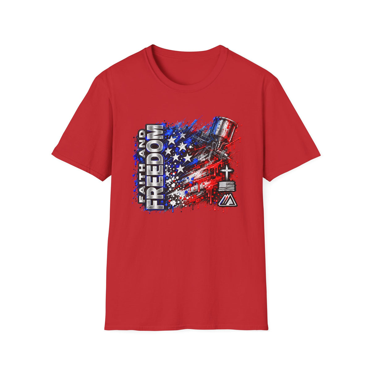 Faith and Freedom Splash T-Shirt — Patriotic Red & Blue Paint Splatter Tee